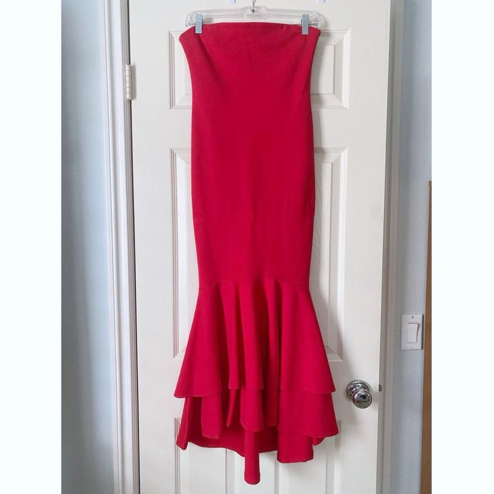 Lovers + Friends Strapless Red Mermaid Ruffle Midi Dress - Picture 2 of 7